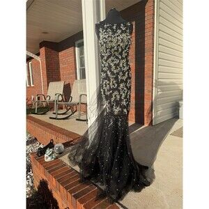 Jovani Evening Gown Womens Size 2 Black Beaded Mermaid Trumpet Train formal prom